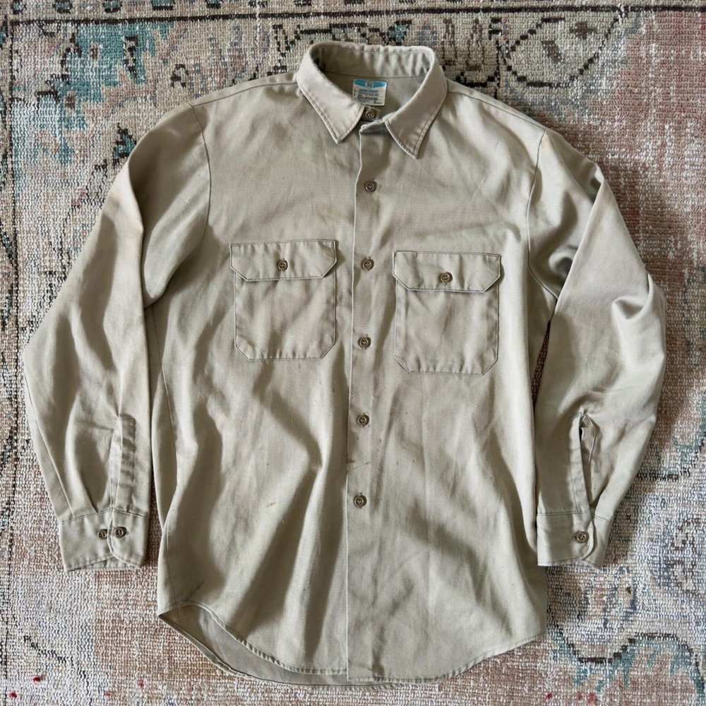 Vintage JCPenney Big Mac Work Shirt Tan Khaki Penn-Prest Long Sleeve Mens L‎